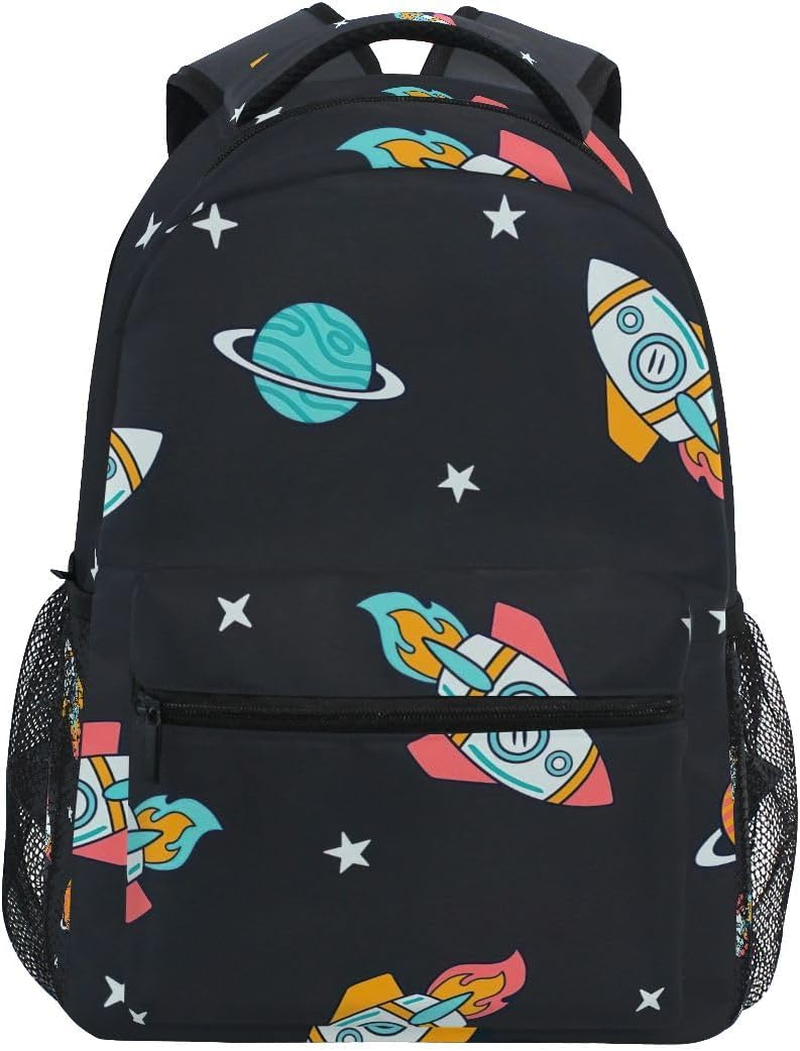 GAIGEO Black Space Rockets Planets Backpack School, Adjustable Straps 15L Boys Backpacks Ages 8-10 with Name Tag Easy Care, S