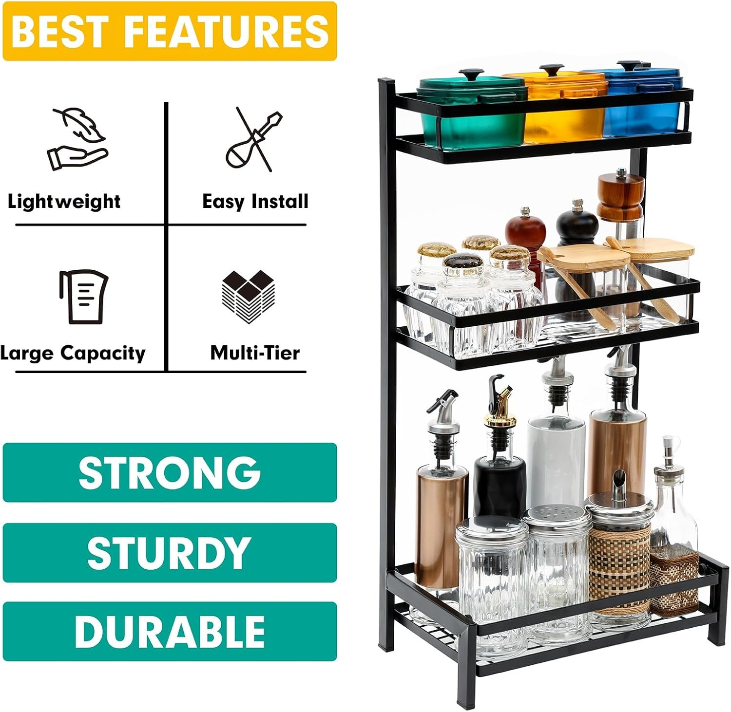 Kitchen Countertop Organiser 3-Level Kitchen Rack, Metal Spice Rack Countertop, Kitchen Shelf under Sink Organiser, Kitchen Bench Top Organiser Kitchen Top Organizer Shelves - Spice Jars Bottle-Black