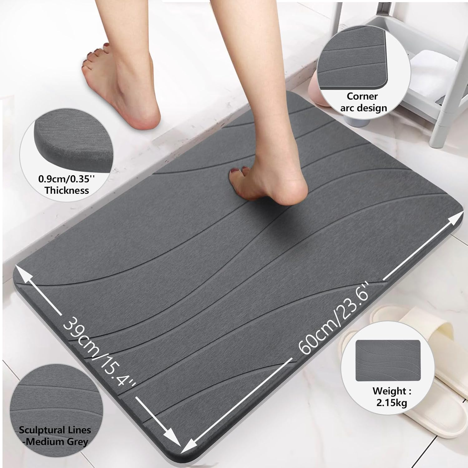 Heyolo Stone Bath Mat Diatomaceous Earth Bath Mat 60X39Cm Non-Slip Super Absorbent Bath Mats for Bathroom Quick Drying Diatomite Stone Shower Mat for Kitchen Bathtub, Easy to Clean, Gray image number 6