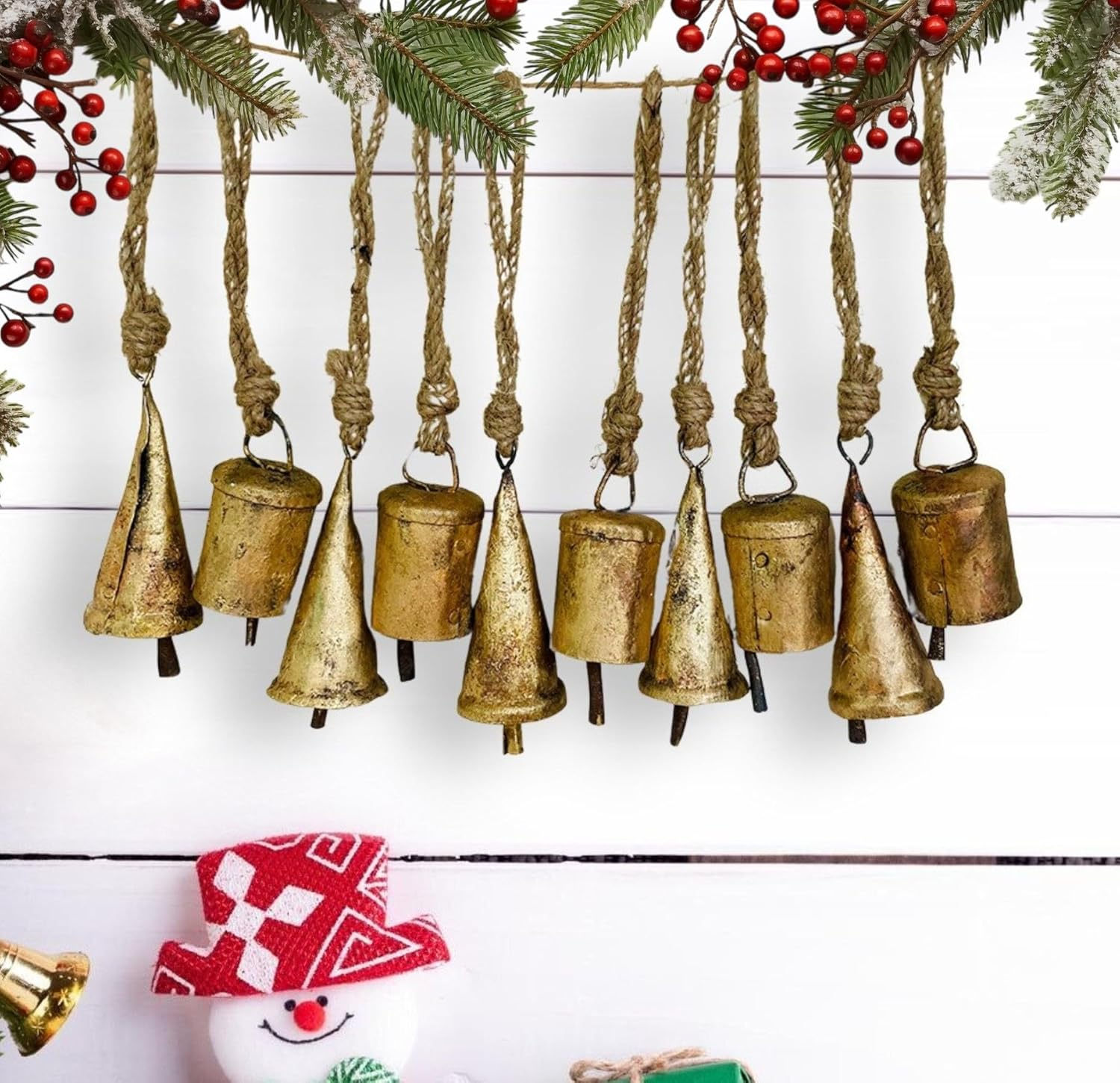Mie Creations Set of 10 Rustic Vintage Christmas Bells, Tin Bells on Jute Rope, Decorative 7Cm Jingle Bells for Crafts, Christmas Tree Ornaments, Handmade Metal Hanging Mini Cowbells- Antique Gold