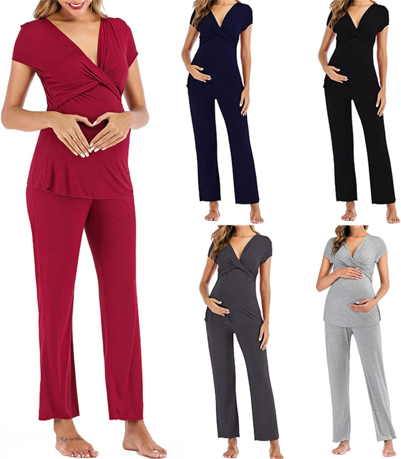 AIRMOOD Maternity Nursing Pyjamas Set, Super Soft V-Neck Short Sleeve Sleepwear Breastfeeding Loungewear Nursing Nightie Pjs for Pregnant Women, Maternity Clothing for Home Hospital