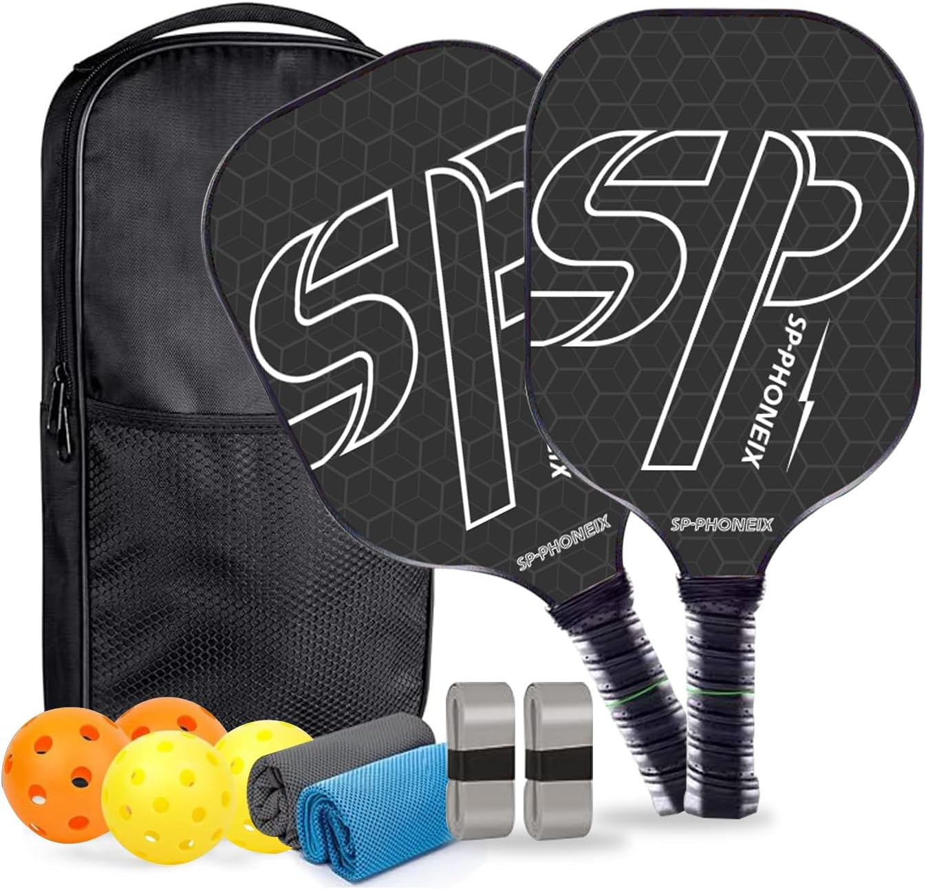 SPPHONEIX Carbon Pickleball Paddles Set Lightweight Pickleball Rackets Honeycomb Core Carbon Fiber Surface, Comfort Grip, 2 Pack Lightweight 4 Ball 2 Paddles 2 Grip Tape