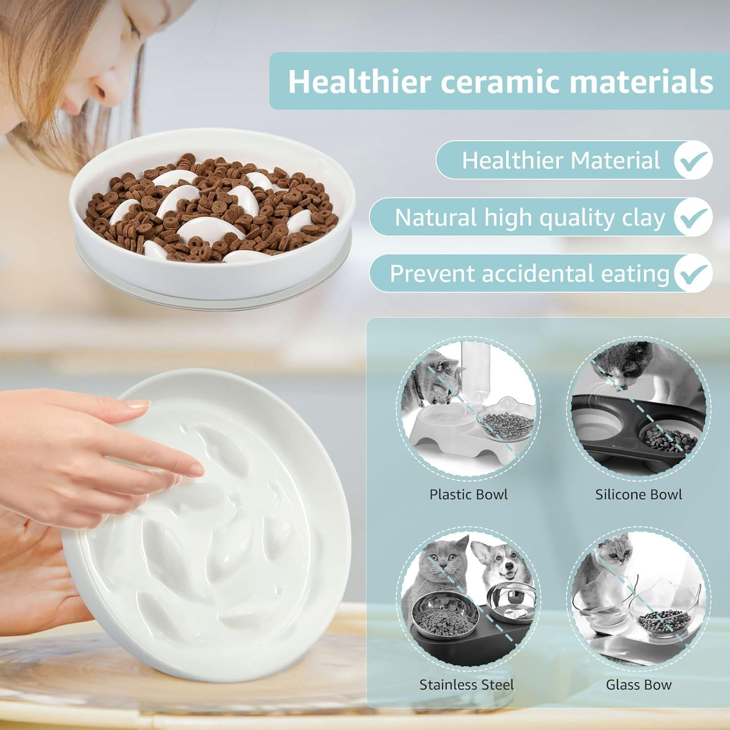 Slow Feed Dish for Cats and Small Dogs with Non Slip Mat Raised Edge Slow Eating Cat Bowls anti Vomiting anti Gulping Healthy Eating Diet Pet Bowls Reusable Slow Feeder Dish Fish Shape Design Pet Food image number 2