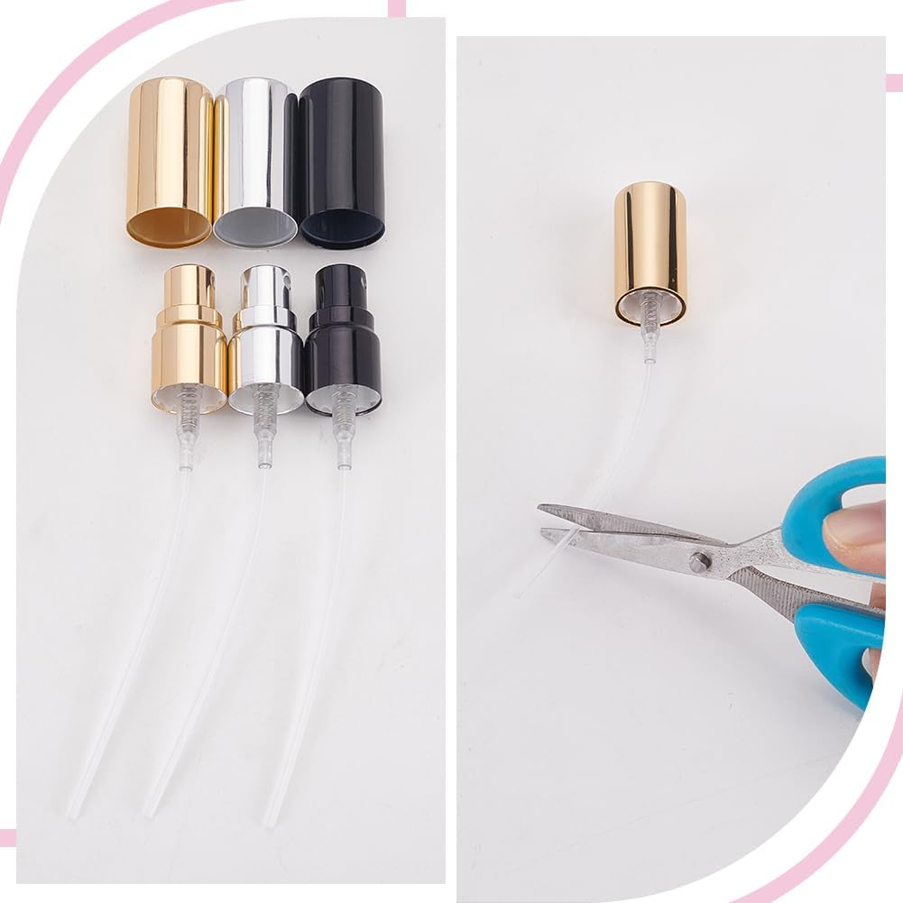WEBEEDY Pack of 12 Replacement Atomizer Caps, Reusable Spray Bottle Caps, Fine Sprayer Caps for Essential Oil, Perfume, Cosmetics, 17 Mm Pump Head Cap (Black, Gold, Silver)