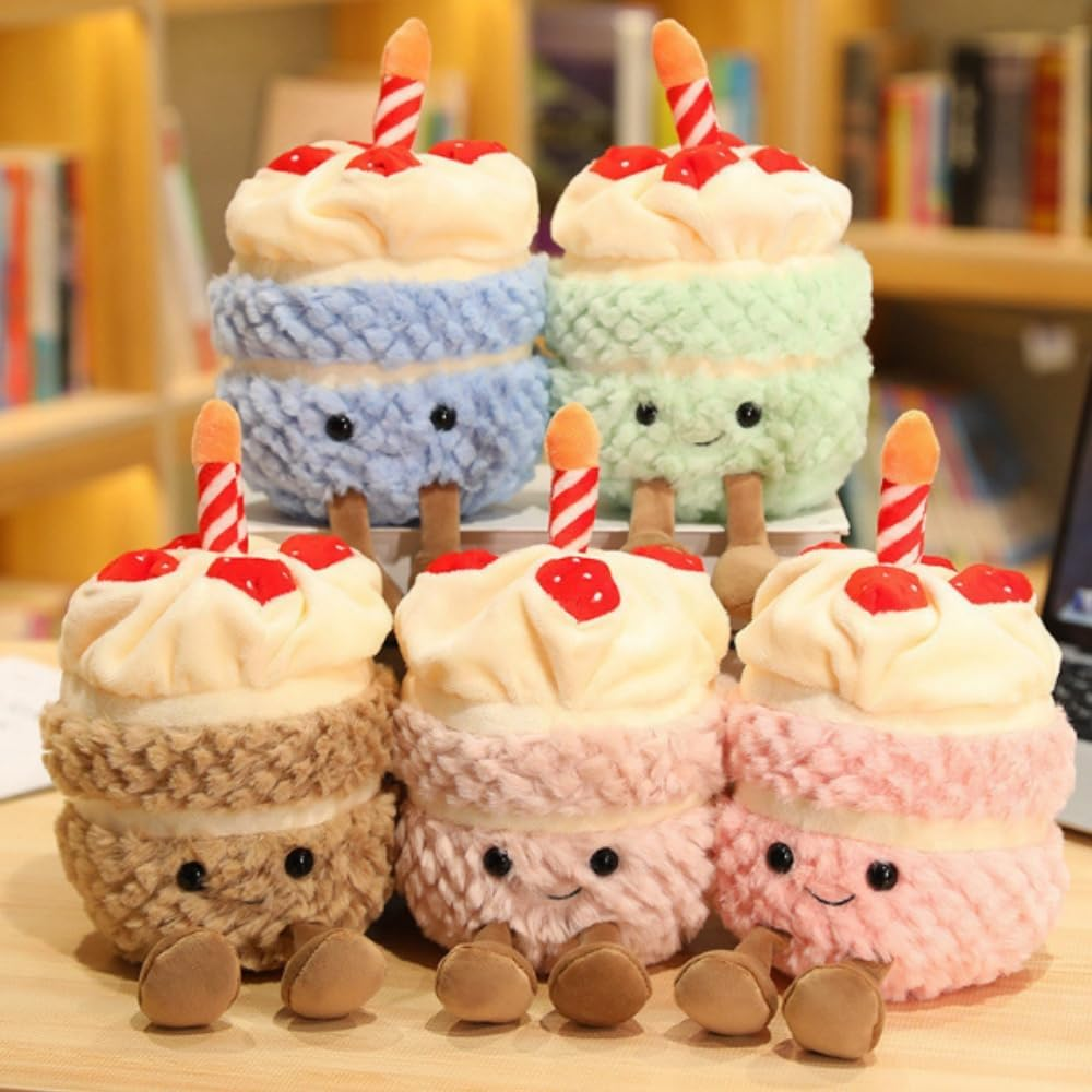 OUKEYI 28Cm/11 Birthday Cake Plush Toy ，Cute Smile Cake Pillow Stuffed Animals Funny Soft Food Plushies Toy for Gifts for Kids Birthday (Khaki Color) - Pink image number 6