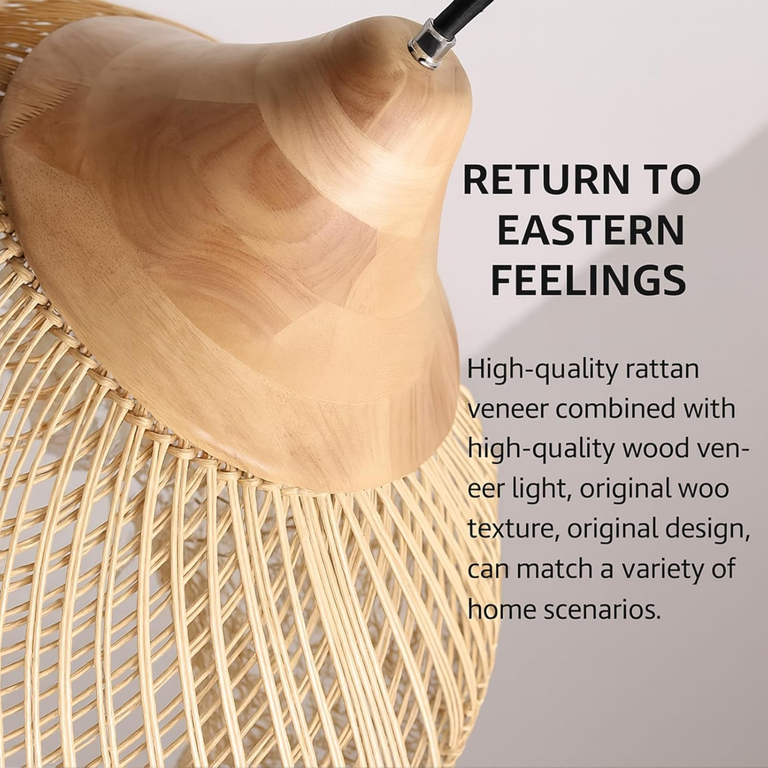 Rattan Pendant Light, Handmade Wicker & Bamboo Lampshade,Adjustable Cord,Boho Rustic Chandelier for Kitchen Island, Dining Room & Living Room &ndash; Natural Woven Design Creates Warm (40Cm,Light Brown) image number 6