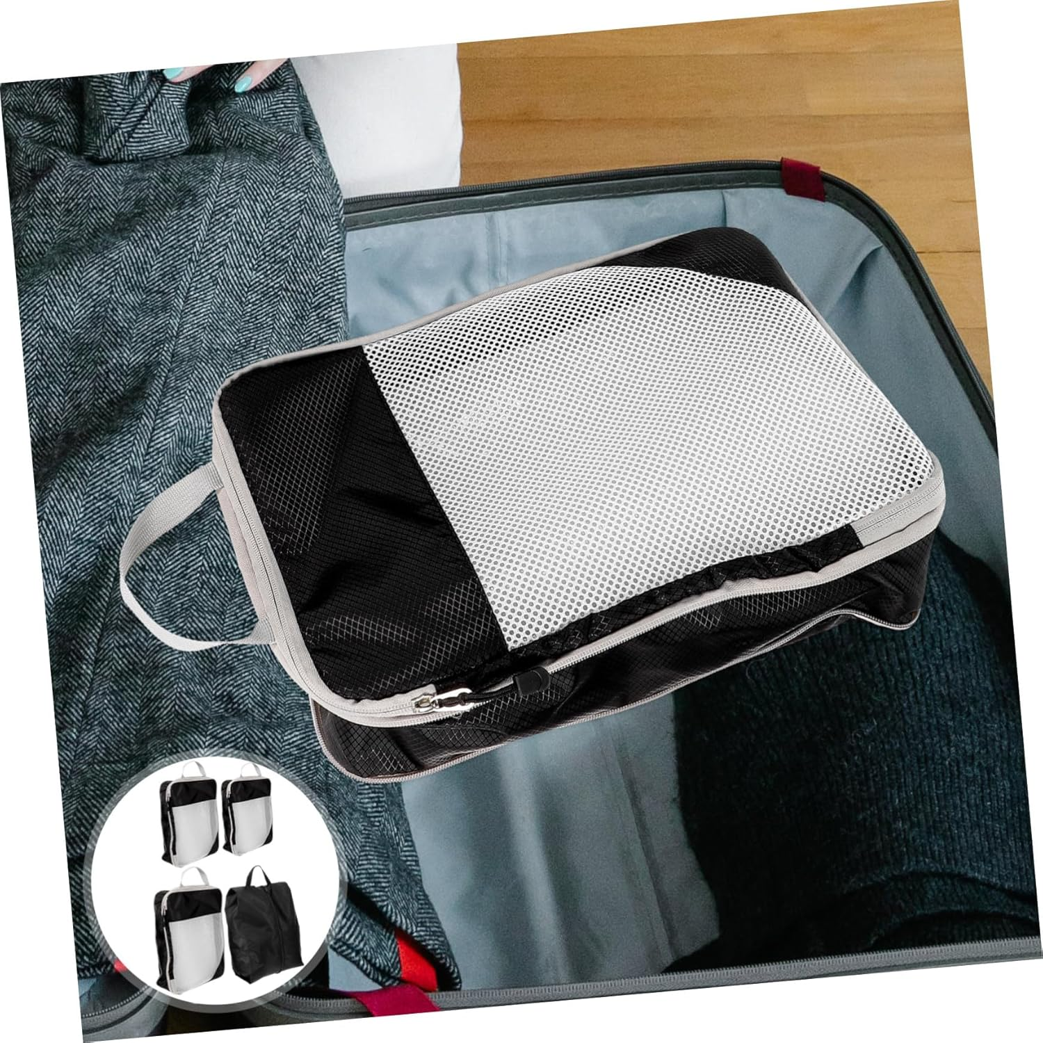 CTIRCHIU 4Pcs Black Mesh Compression Packing Cubes Set for Travel Suitcase Organizer Bags with Expandable Compartments and Handles, Lightweight Luggage Storage for Clothes and Accessories image number 4