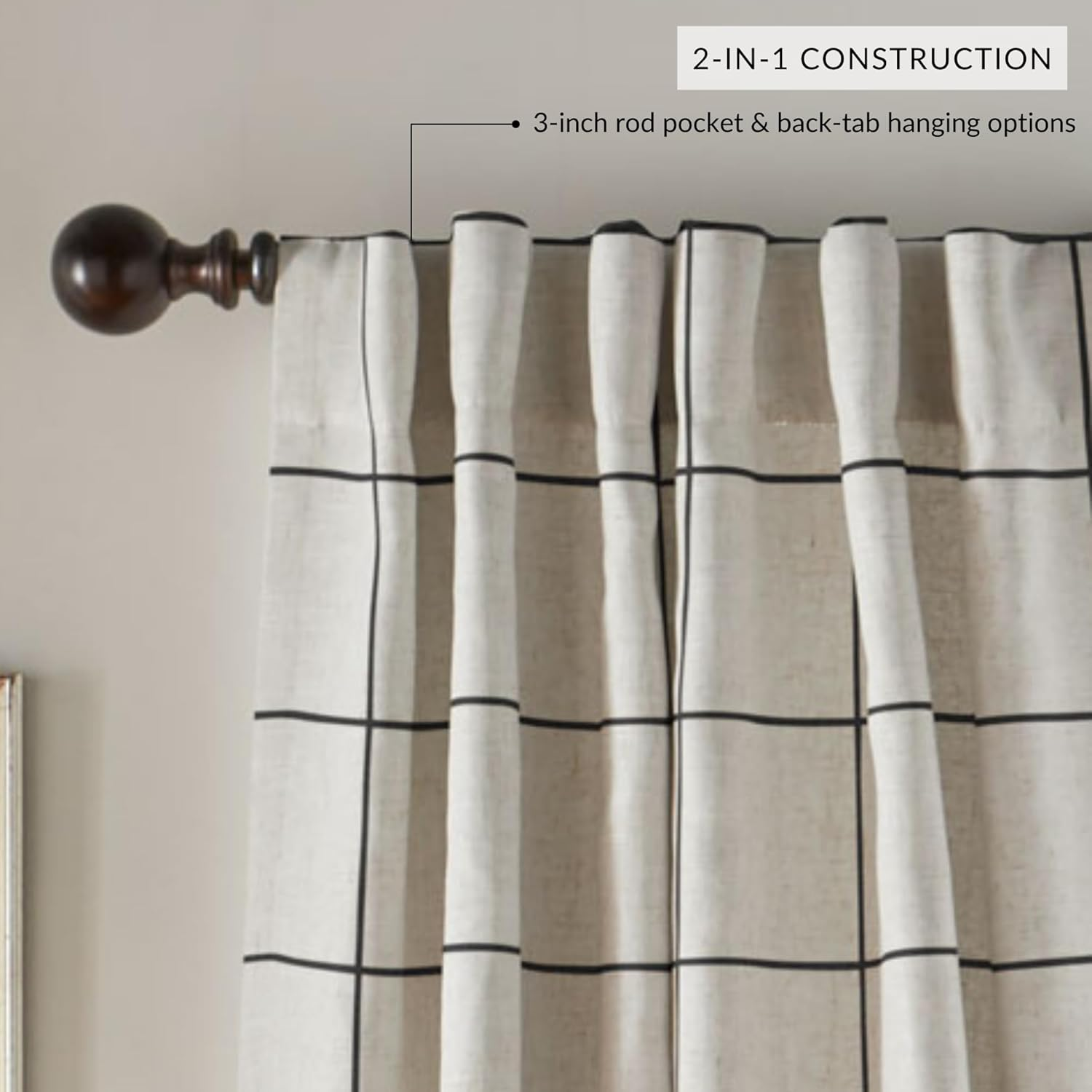 Elrene Home Fashions Brighton Windowpane Plaid Blackout Window Curtain, Living Room and Bedroom Drape with Rod Pocket Tabs, 52" X 95", Black, 1 Panel image number 5