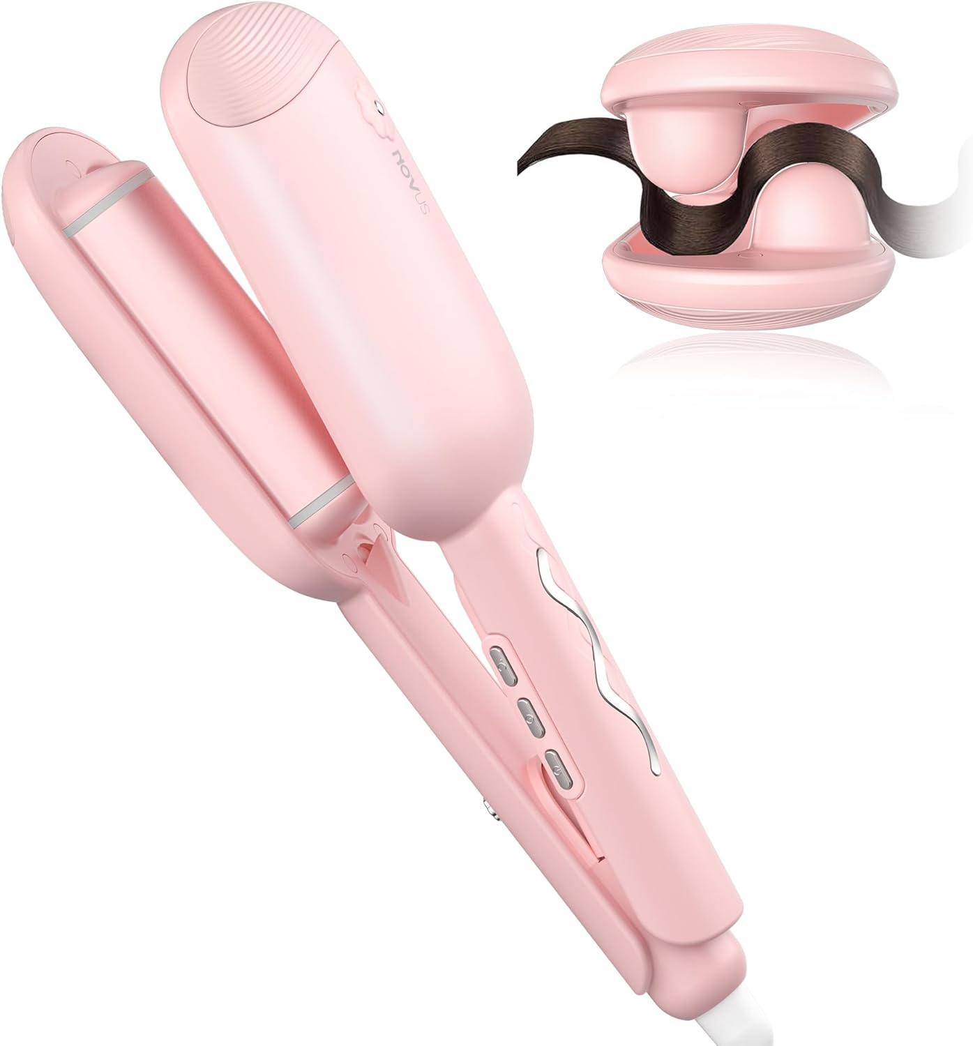NOVUS Waver Curling Iron, Beach Waves Curling Wand, Ionic Hair Waver with Anti-Scald Hair Crimper, Easy to Use, 2 Barrel Hair Crimper for All Hair Types Women, Pink, 1.25 Inch image number 3