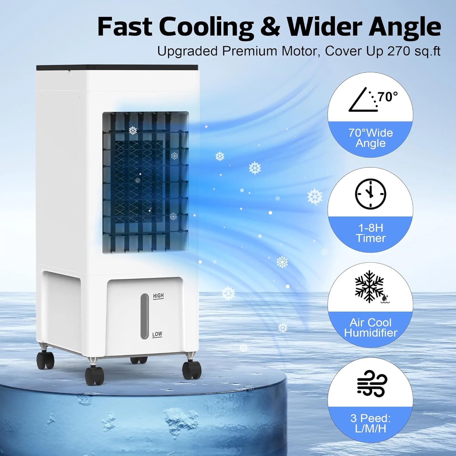 Advwin Evaporative Air Cooler, 3 in 1 Portable Air Cooler Fan with 8L Water Tank, 4 Ice Crystal Box, 3 Speed for Bedroom Home Office image number 1