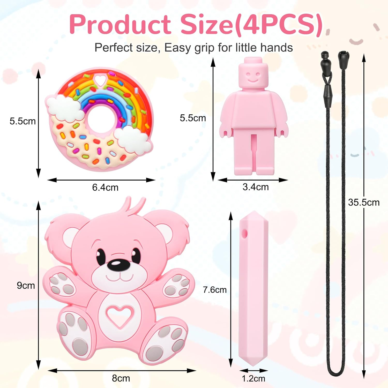 MR.TIMELAG Chew Necklaces for Adults and Babies - Bear 4-Piece Set, Bpa-Free Silicone Sensory Chew Necklaces for Anxiety Relief, Easy to Hold, with Massage Blocks to Relieve Teething Pain image number 5