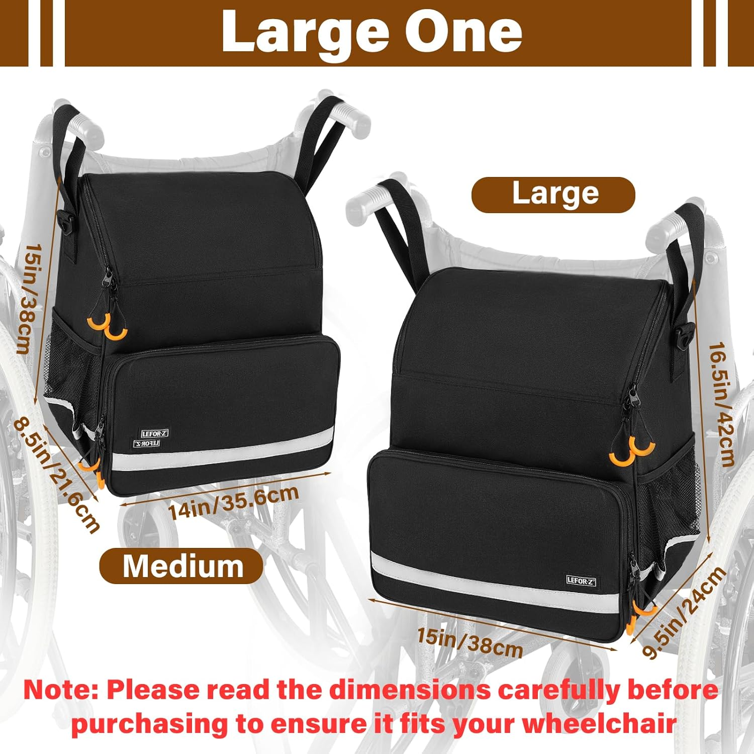 Wheelchair Bags to Hang on Back,Wheelchair Backpack Bag,Wheelchair Accessories Pouch Storage Bag with Thermal Insulation Pocket for Adults & Senior,Bag Only, Black-Large, 15 X 9.5 X 16.5 Inch, image number 3