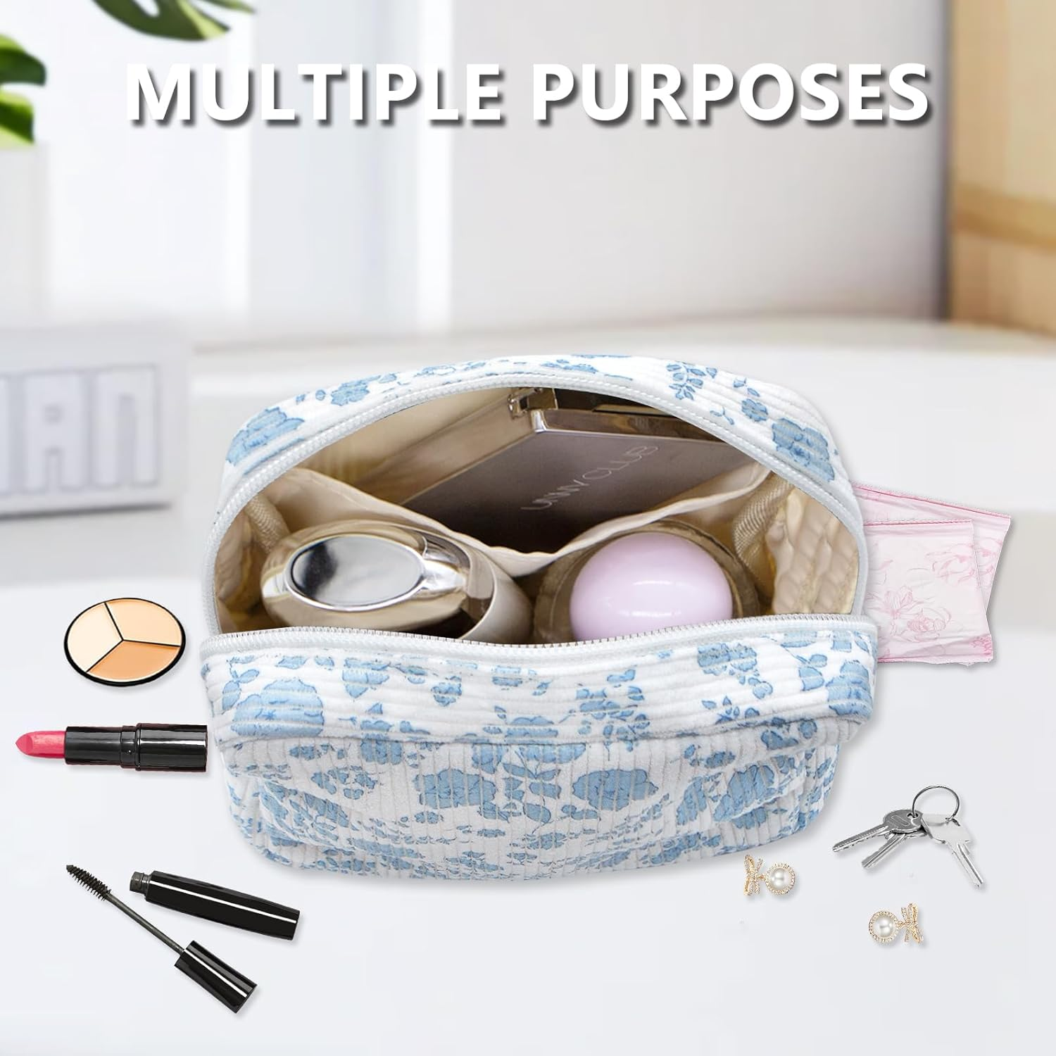 Long Keeper Small Cosmetic Bag Toiletry Bag with Compartments Mini Makeup Bag Strawberry Printing Corduroy Travel Toiletry Pouch for Women Girls Gift, Blue Flower, Small Make up Bag image number 1