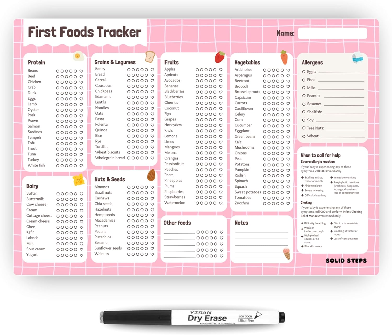 Solid Steps Baby First Foods & Allergens A3 Fridge Magnet &ndash; Whiteboard Tracker, Weaning Chart, Daily Food Log & Checklist &ndash; 130+ Solid Foods & Top 9 Allergens