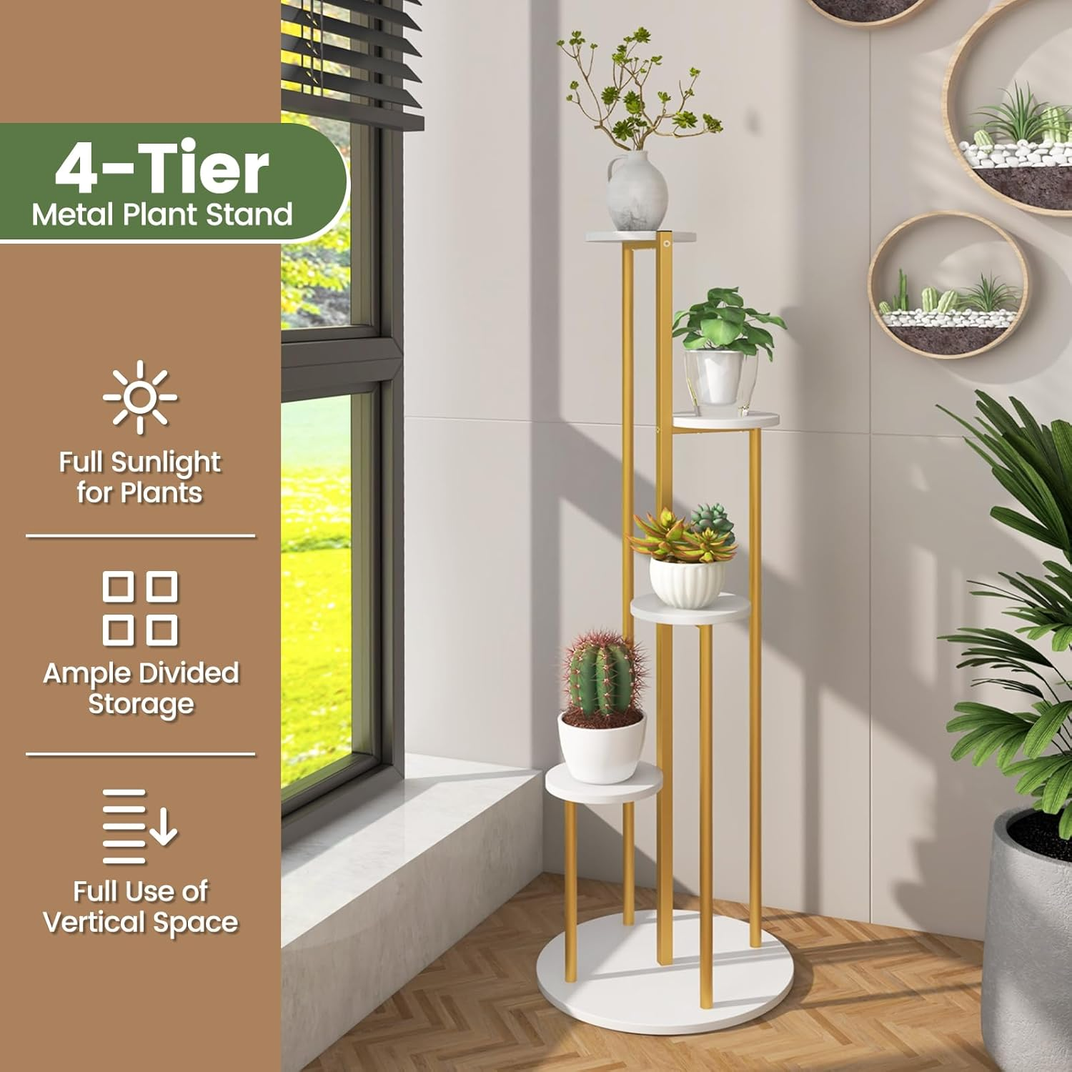 Costway Indoor Metal Plant Stand, 125 CM Tall Corner Plant Shelf for Potted Plant, Heavy-Duty Tiered Plant Holder W/ Golden Metal Frame, Decorative Display Shelf for Home Office Balcony Living Room image number 3