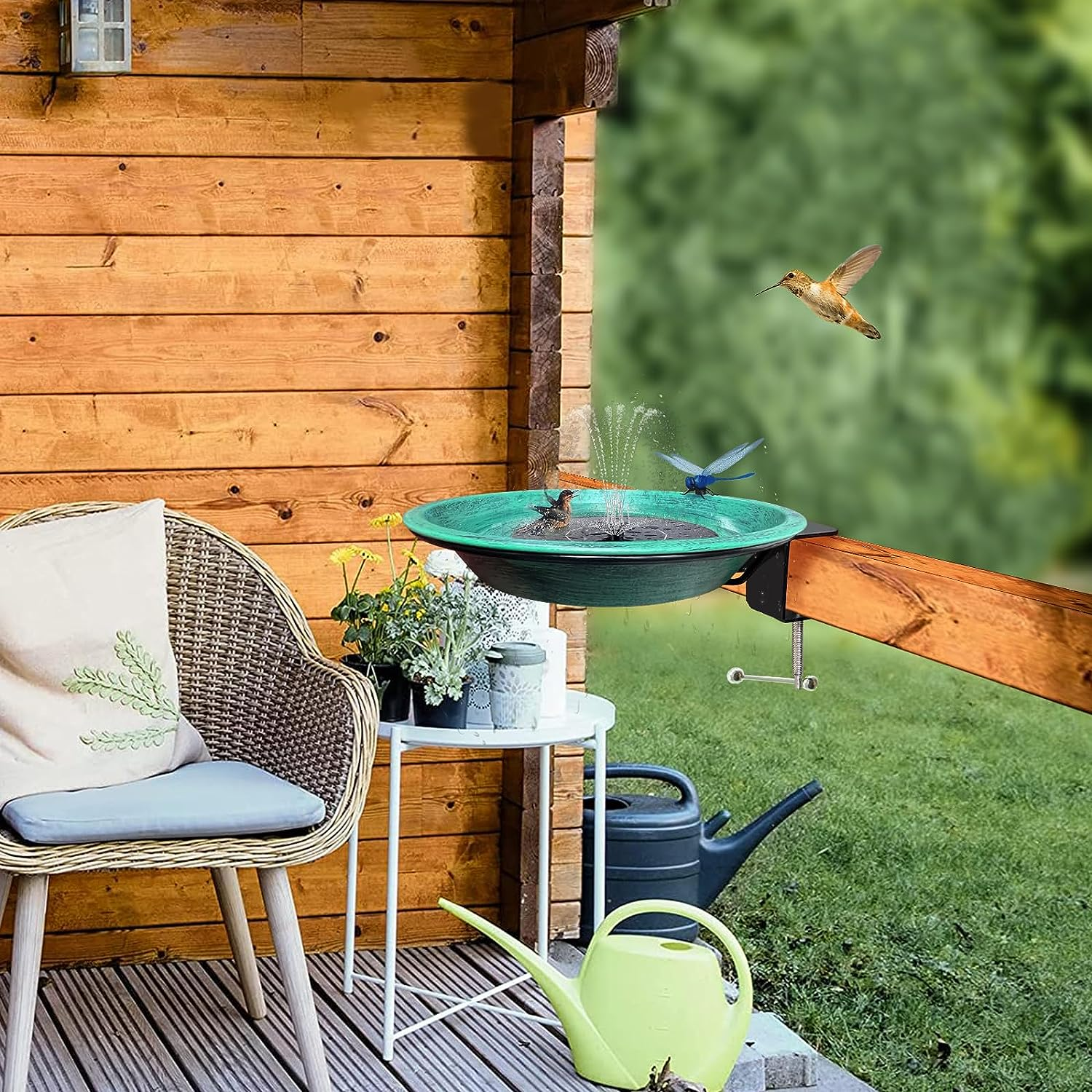 Deck Mounted Bird Bath for Outdoor, 11.5 Inch Metal Birdbath Bowl with Adjustable Steel Clamp, Antique Green Deck Bird Feeder for Railing Balcony Fence Yard Art Garden Decoration image number 1