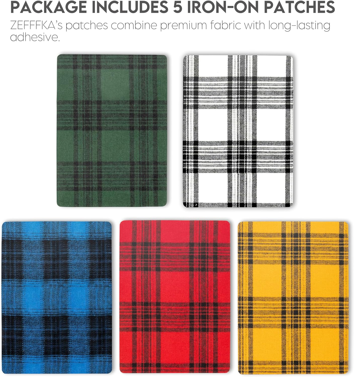 ZEFFFKA Premium Quality Large Plaid Tartan Fabric Iron-On Patches inside & outside Strongest Glue 100% Cotton Repair Decorating Kit Jeans Modern Cool Design 5 Pieces Size 5" by 7" (13 Cm X 18 Cm) image number 5