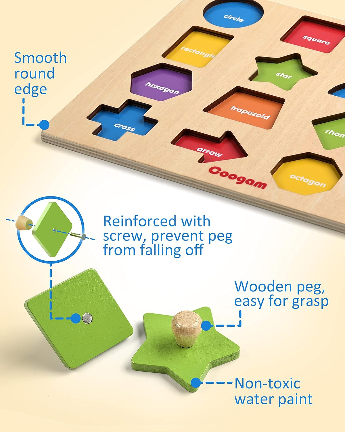 Coogam Montessori Toy Wooden Shape Peg Puzzle, Fine Motor Color Matching Sorting Board, Early Learning Educational Activity Toy Preschool Toddler Baby 3 4 5 Year Old
