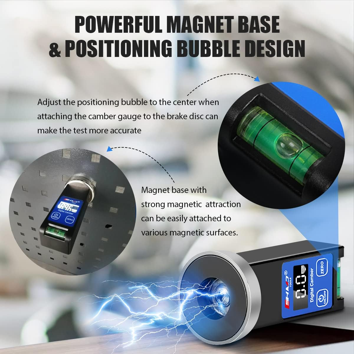 Camber Gauge Digital Wheel Alignment Tool -90&deg; to +90&deg; Wide Range Wheel Alignment & Balancing Tools Accurate Caster Camber Gauge with Digital Display & Powerful Magnet & Positioning Bubble & Reset Key