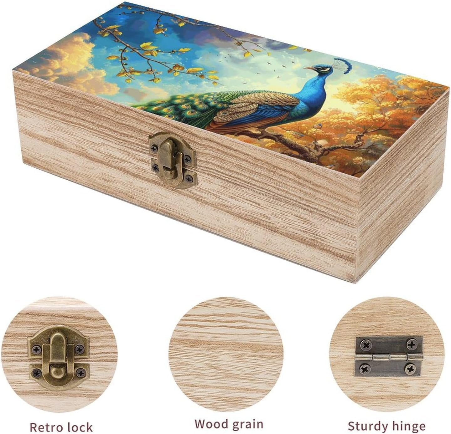 Peacock Wooden Box Wood Wedding Keepsake Boxes with Lids Small Decorative Boxes Lightweight Wooden Memory Storage Box for Crafts Keepsakes Jewelry Photo Letter Storage image number 5