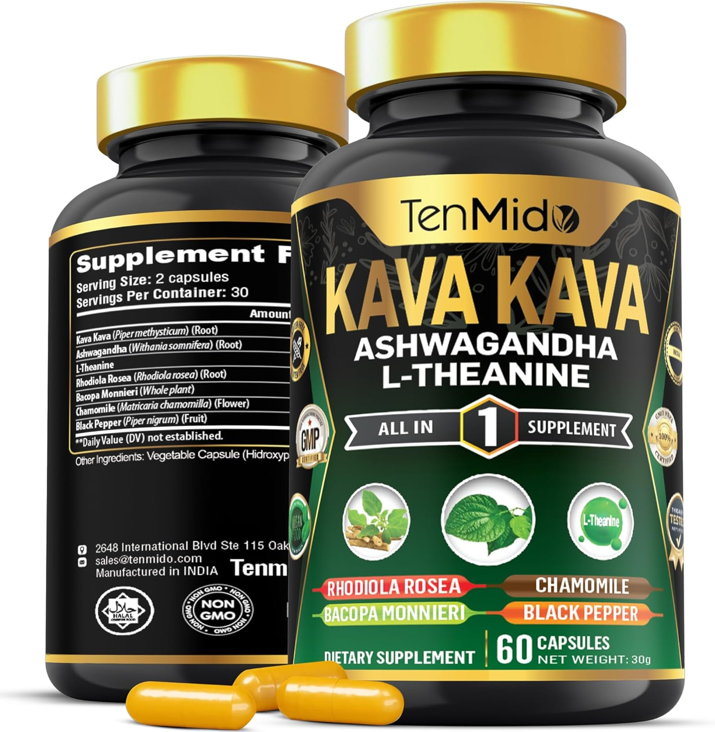 Kava Kava Supplement - 7In1 Blend with Ashwagandha, L-Theanine, Rhodiola, Bacopa & More - 60 Non-Gmo, Vegan Capsules image number 4