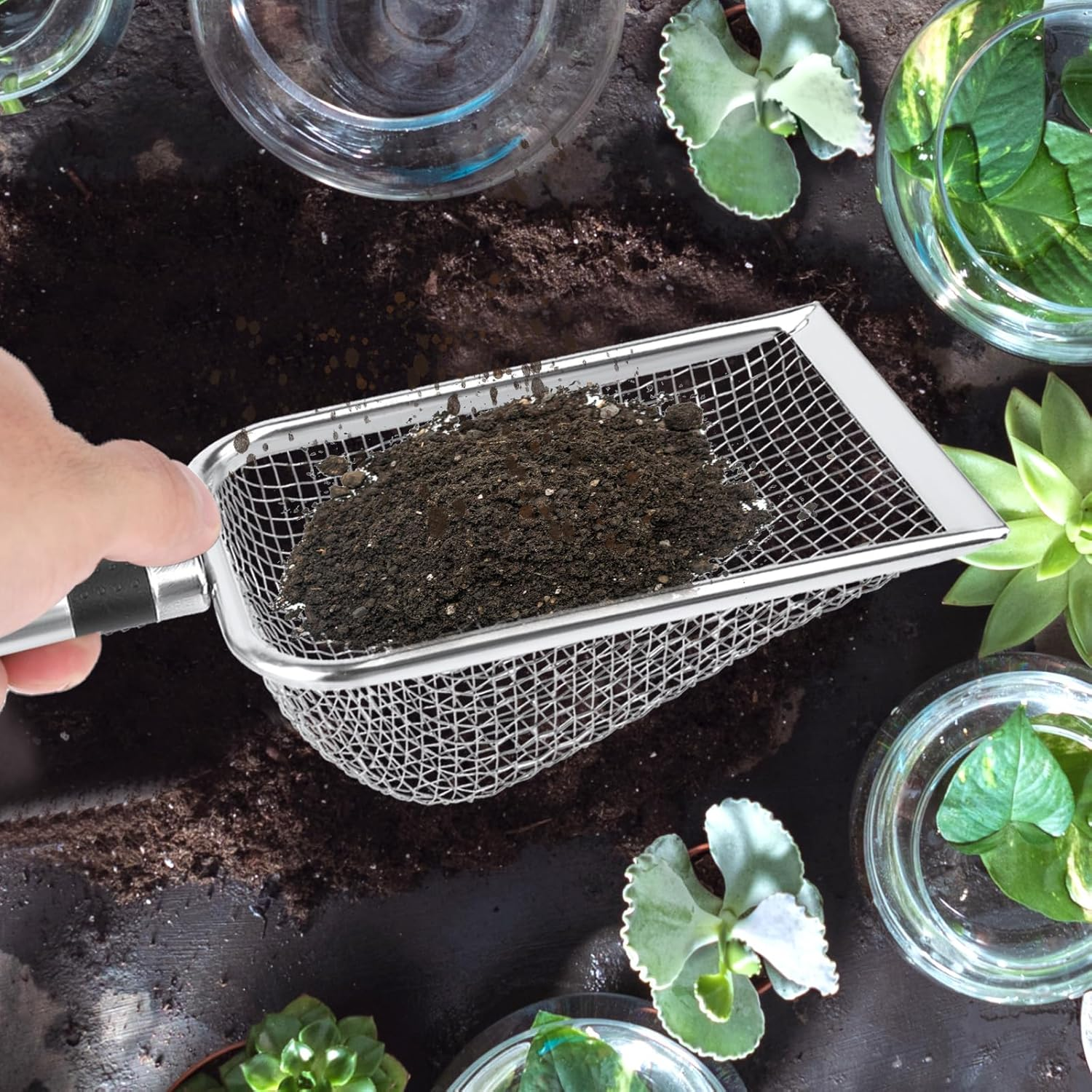 2Pcs Gardening Sifters, 5 & 3.8Mm Grids Stainless Steel Sand Compost Sifter with Handle Gardening Supplies Perfect for Sand Rocks Dirt Compost image number 5