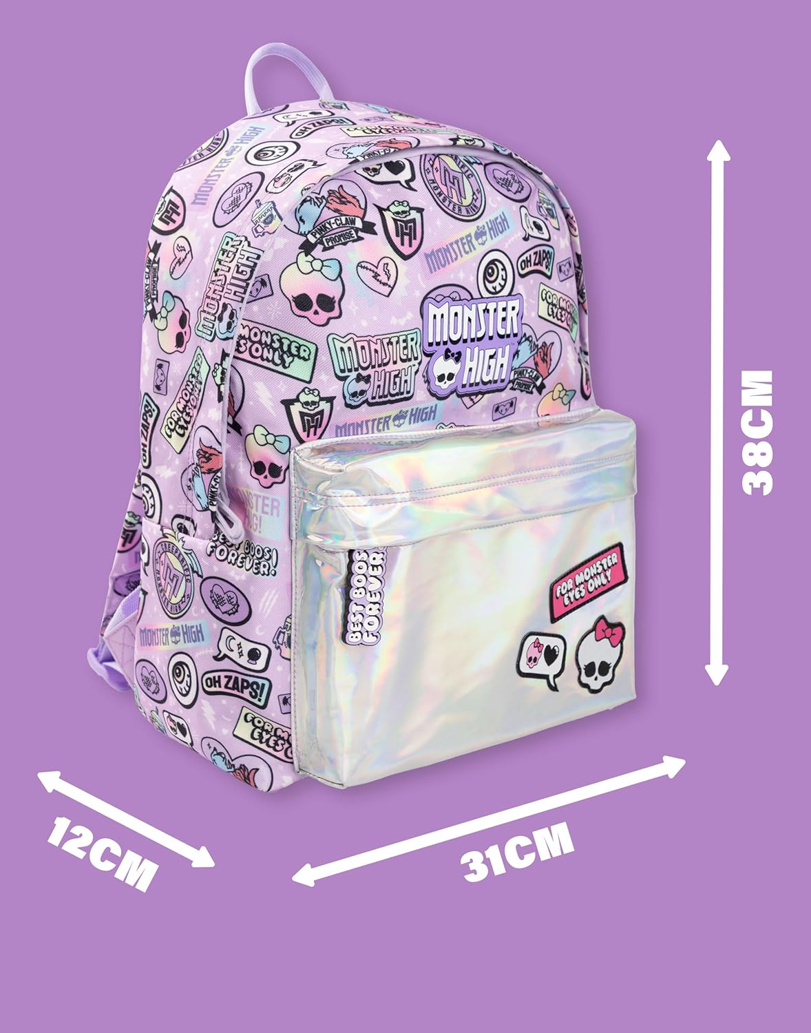 Monster High Girls Backpack | Pink & Silver Rucksack with Adjustable Straps | Reflective Pocket & Badge All over Print Practical & Organised Luggage Sports School Bag | Doll TV Series Merchandise Gift