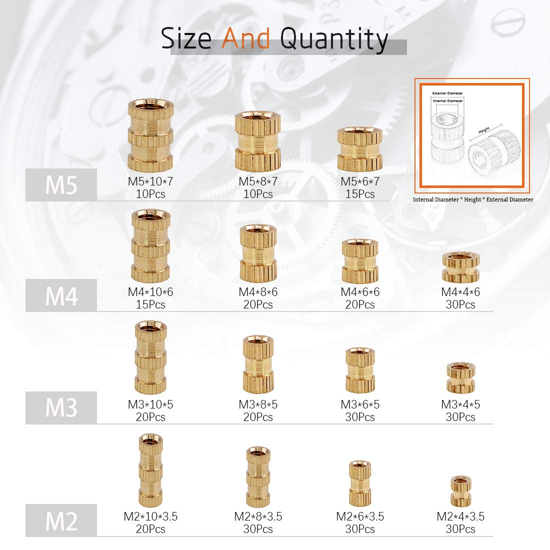 Rustark 330Pcs M2 M3 M4 M5 Metric Female Thread Brass Knurled Threaded Insert Embedment Nuts Assortment Kit image number 2