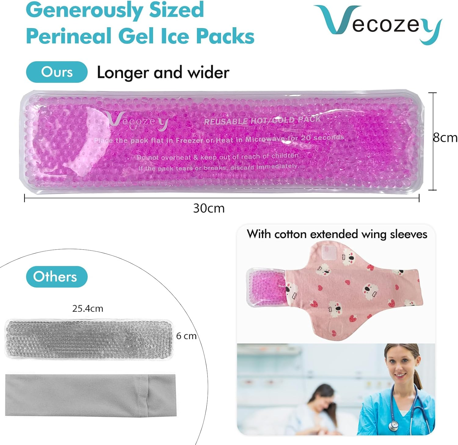 Vecozey 2 Perineal Cold Packs for Maternity Postpartum Care, Reusable Hot & Cold Ice Wraps with Washable Cotton Sleeves for Post Partum & Hemorrhoid Pain Relief, Cooling Pads for Women after Birth image number 3