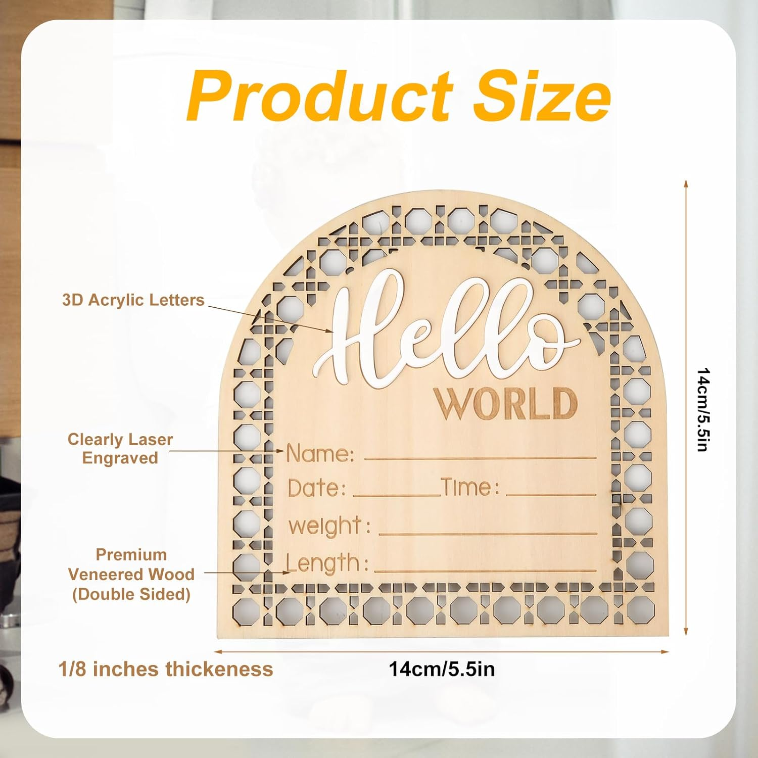 SAVITA Baby Announcement Sign, 5.5 Inch Wooden Rustic Hello World Welcome Newborn Sign, Perfect for Baby Shower, Nursery, Photo Prop image number 3