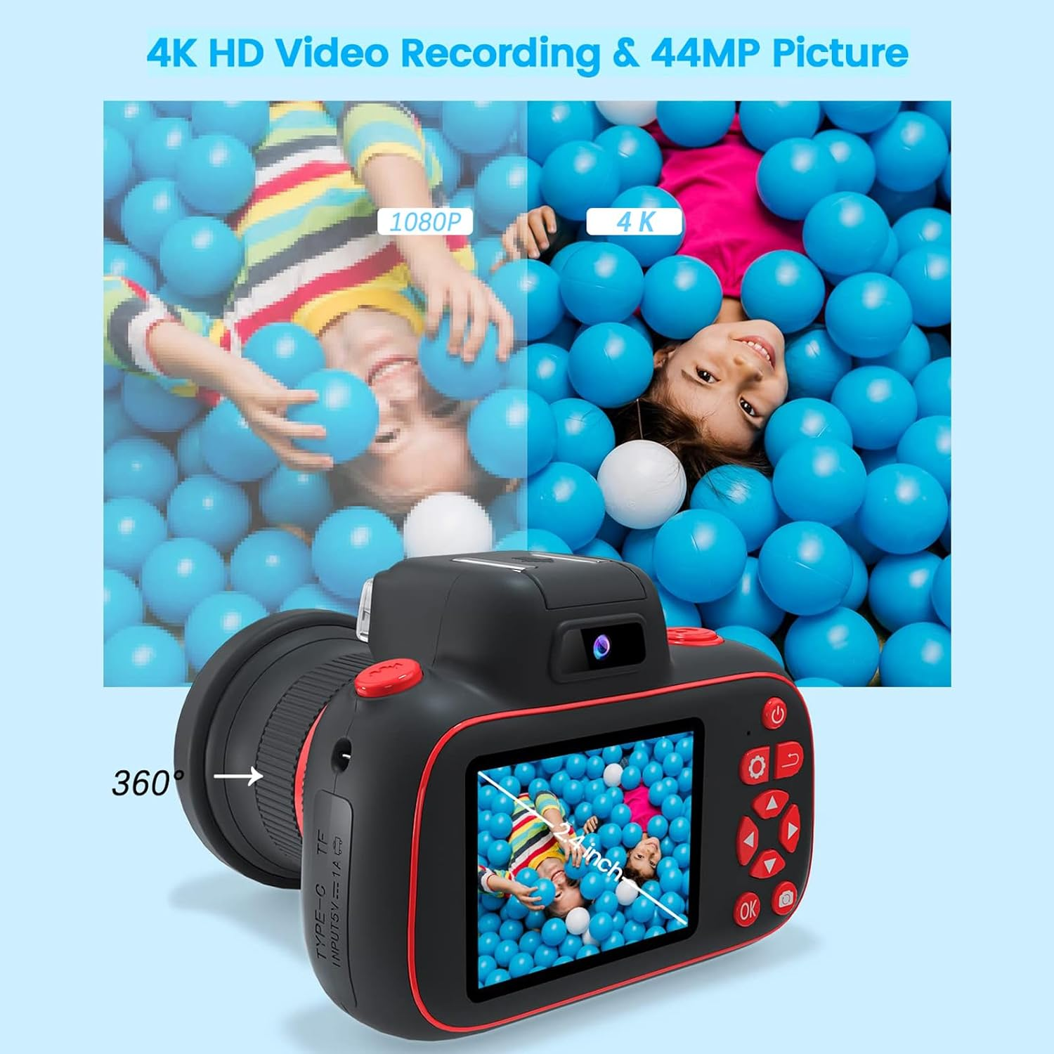 Children'S Camera, Entry-Level 4K Digital Camera for Children, Rotatable Zoom Lens, 8 to 15 Year Old Camera Toy for Boys and Girls, with 64G SD Card, the Best Christmas and Birthday Gift.