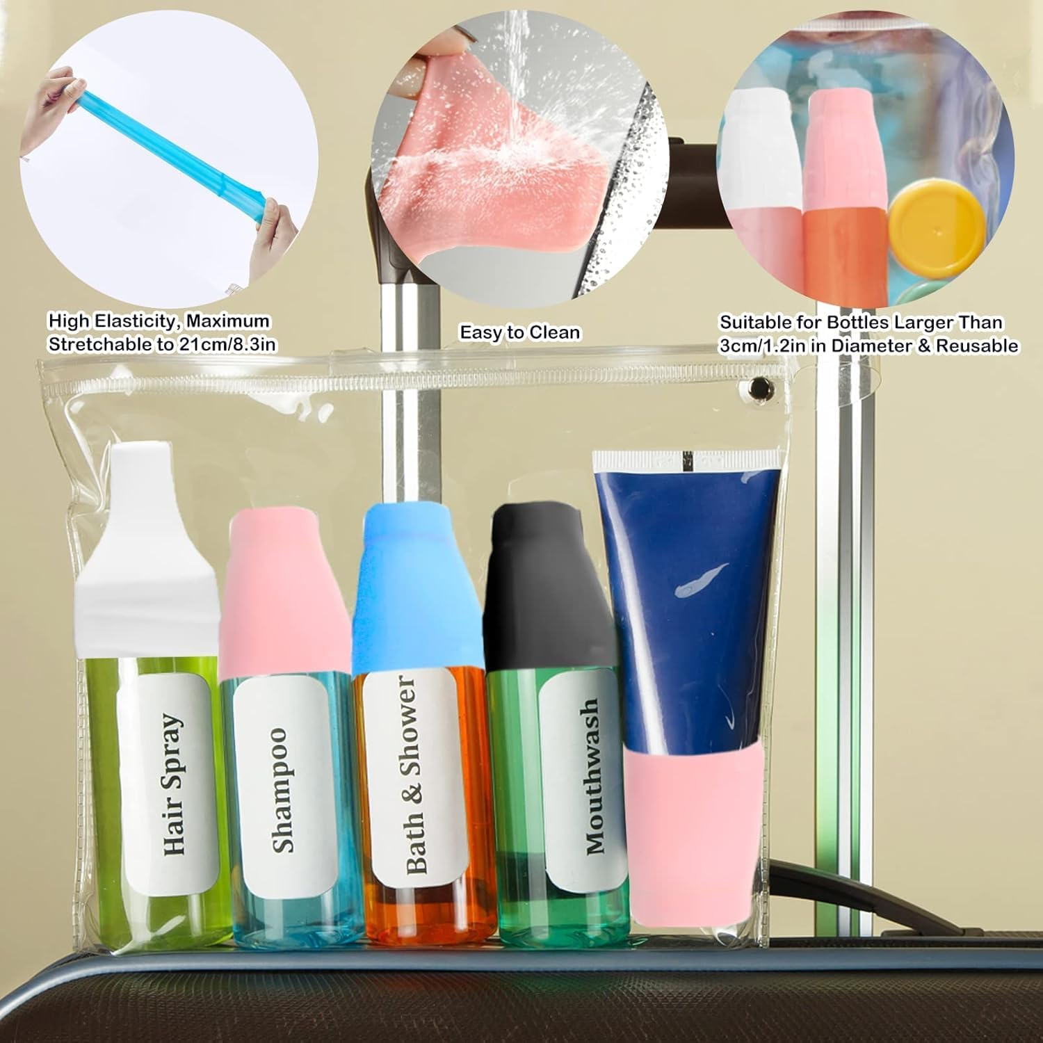 Ksngtixe 8PCS Silicone Bottle Covers Leakproof Travel Toiletry Sleeves for Shampoo Lotion Cosmetics Cruise Essentials Women Men Airplane Beach Approved