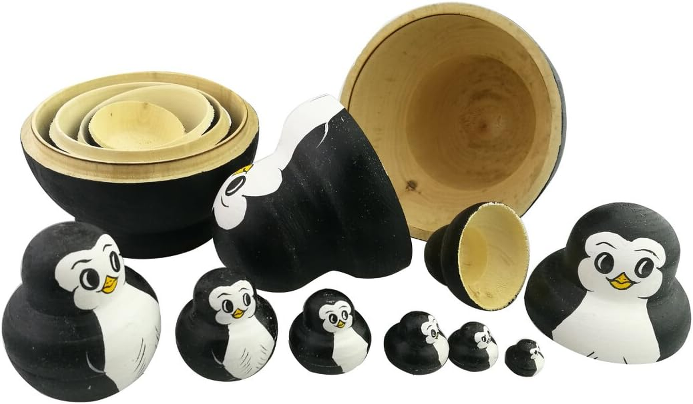 Winterworm Cute Lovely Mini Animal Nesting Dolls Matryoshka Doll Russian Doll Set 10 Pieces Wooden Handmade Kids Toy Gift Home Decoration Perfect (Penguin). image number 5