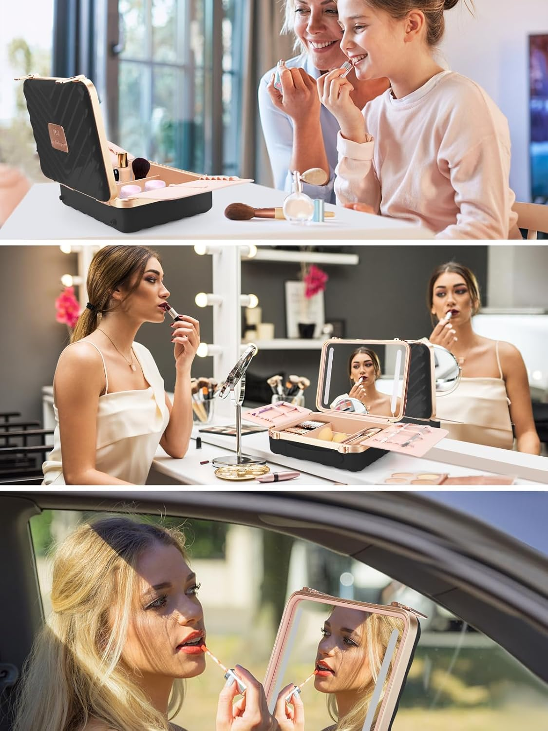 Kalolary Travel Makeup Train Cases with Lighted Mirror 3 Color Setting, Makeup Bag Cosmetic Case Organizer Adjustable Brightness Portable Makeup Storage Box for Makeup Brushes Accessories Tools,Black image number 1