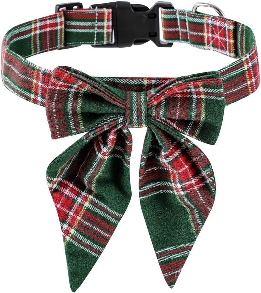 FUNAT Christmas Dog Collar with Removable Bow Tie, Large Dog Collar, Red, Green Plaid, Polyester, Buckle Closure, Large Dog Breed, Dog Collar image number 1