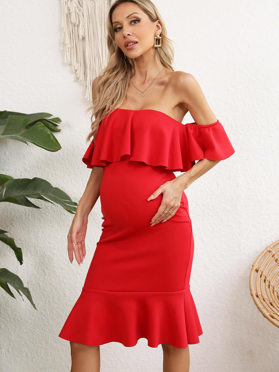 Red Ruffle off Shoulder Maternity Dress for Baby Shower, Short Sleeve Mermaid Bodycon Midi Pregnancy Evening Dress for Women image number 1