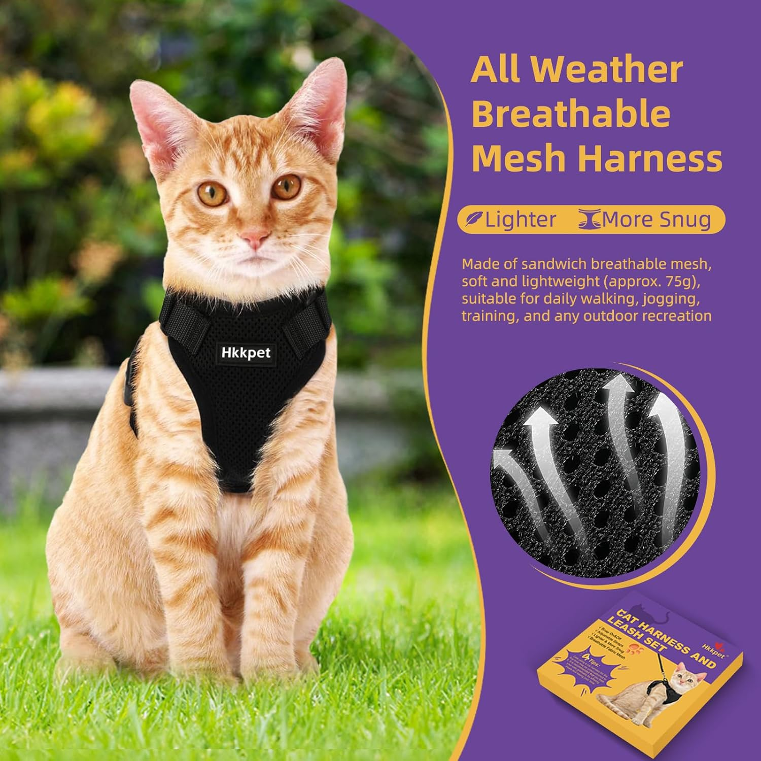 Adjustable Cat Harness and Leash Set for Outdoor Walking, Escape Proof Safe Cat Vest Harness,Soft Breathable Mesh Cat Harness with Reflective Strips,Black (S) image number 3