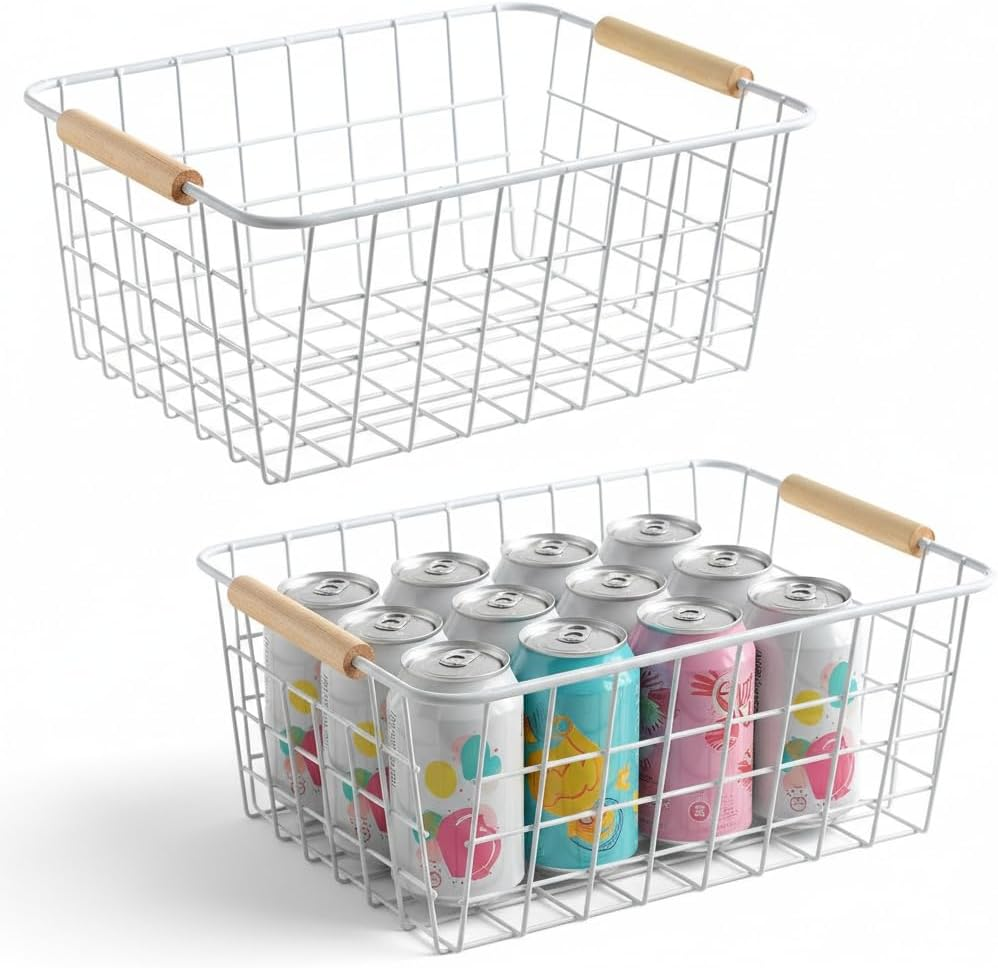 ZRAZ Kitchen Wire Baskets Farmhouse Decor Metal Wire Food Storage Organizer, Household Refrigerator Bin with Built-In Handles for Cabinets, Pantry, Bathroom, Laundry Room, Garage,Set of 4 (White)