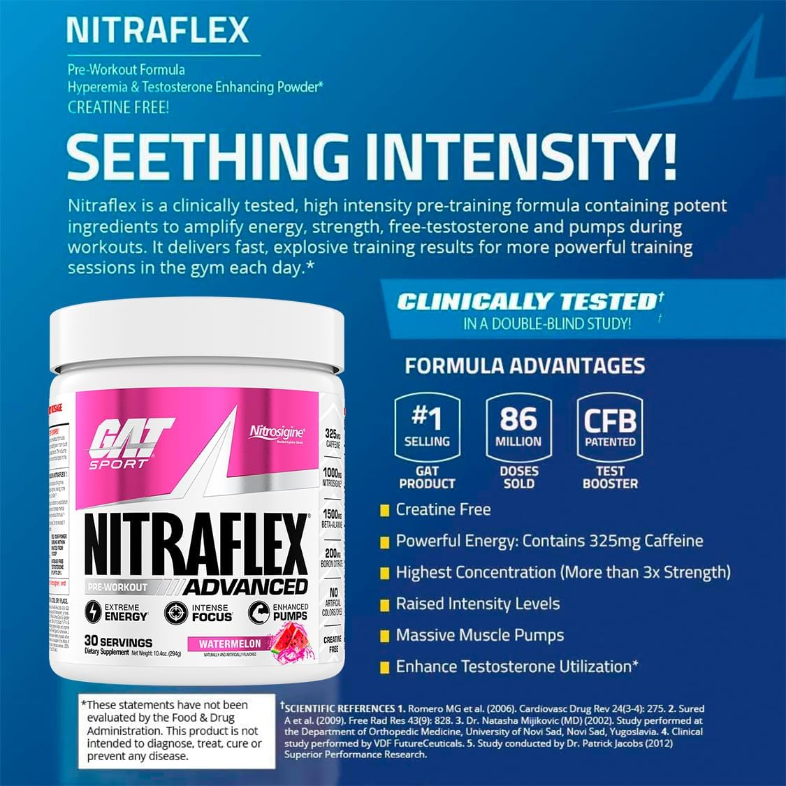 GAT Clinically Tested Nitraflex, Testosterone Enhancing Pre Workout, Watermelon, 300 Gram image number 3