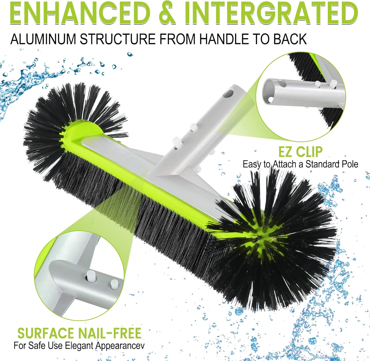 Swimming Pool Brush Head with round Ends,17.5" Heavy Duty Aluminum Back Head for Cleans Walls, Tiles & Floors, 7 Rows Premium Nylon Bristles with EZ Clips (Green Black) image number 5