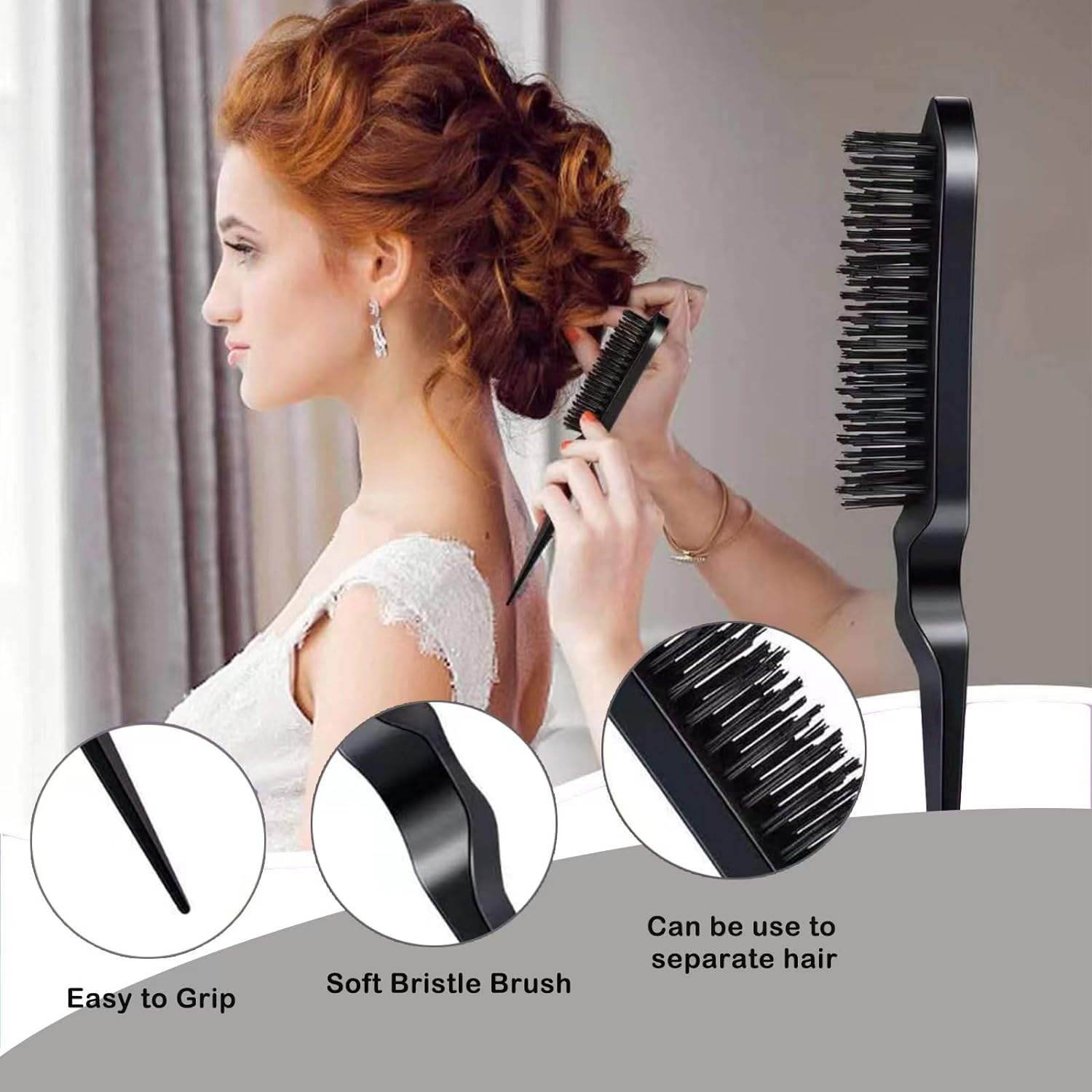 SYTHAK 6Pcs Hair Brush Styling Combs Set,Slick Bristle Hair Brush, Metal Pin Rat Tail Comb and Double Sides Edge Brush for Edge & Back Brushing, Women Girls Men Combing, Smoothing and Styling Hair. BLACK - Black image number 3