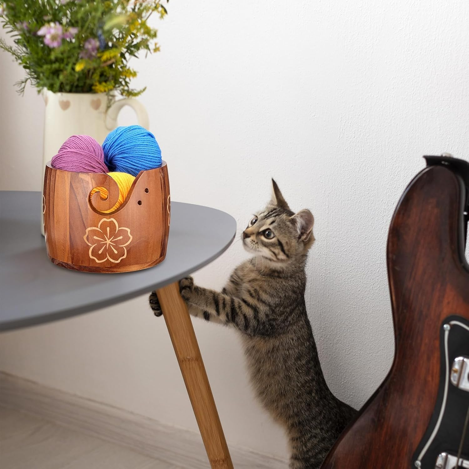 Yarn Bowl Large Size 5''X7'' Pine Wood Unique Design Crochet Bowl for Yarn Holder Knitting Crochet Macrame Craft Supplies, Gift for Knitting Lovers image number 1