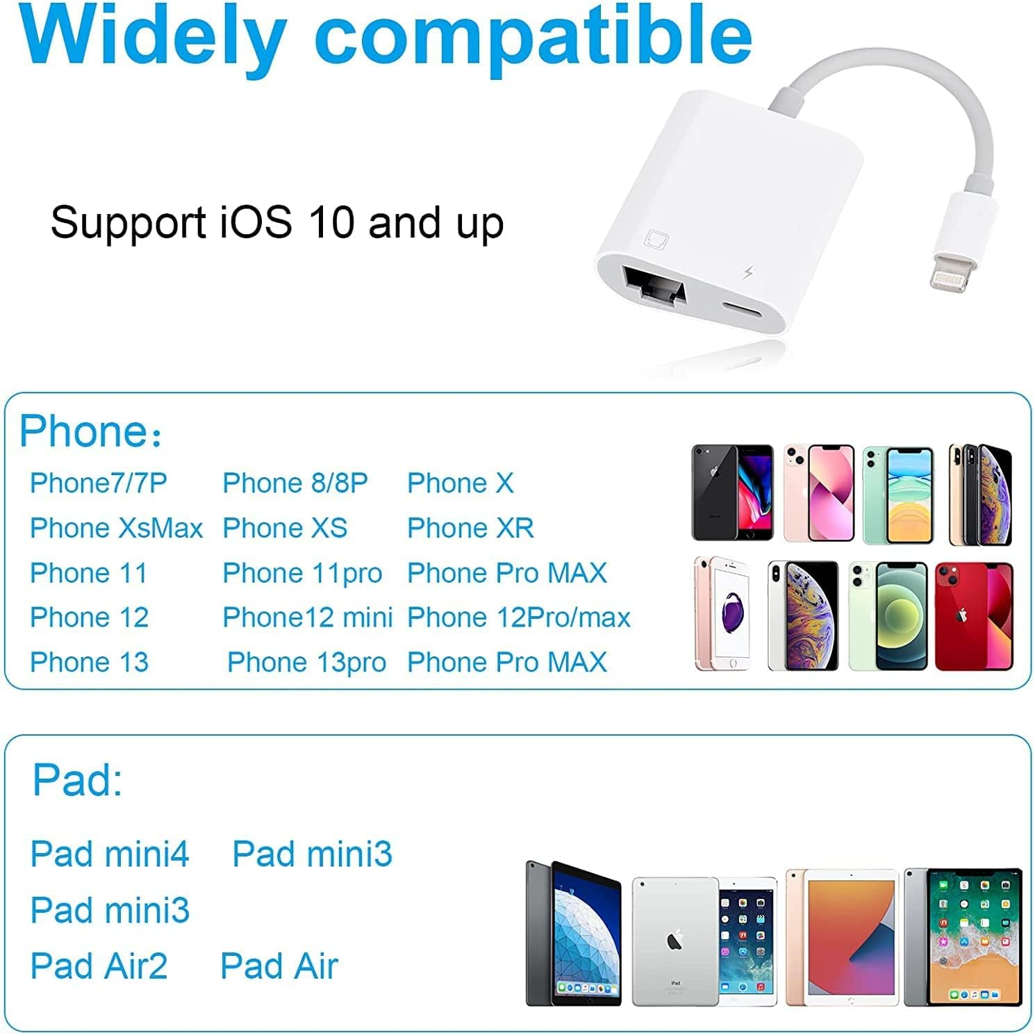 Lightning to Ethernet Adapter, 2 in 1 RJ45 Ethernet LAN Network Adapter with Charging Port for Phone, Pad 10/100Mbps High Speed, Plug and Play image number 3