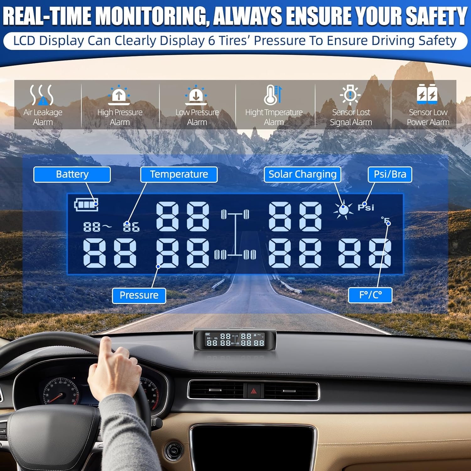 Tyre Tire Pressure Monitoring System,Trailer Tyre Pressure Monitoring System W/6 Tire External Sensors & 6 Alarm Modes,Lcd Display, Auto Sleep Mode,Tpms for RV Trailer Truck off Road Pickup(0-144 PSI) image number 6