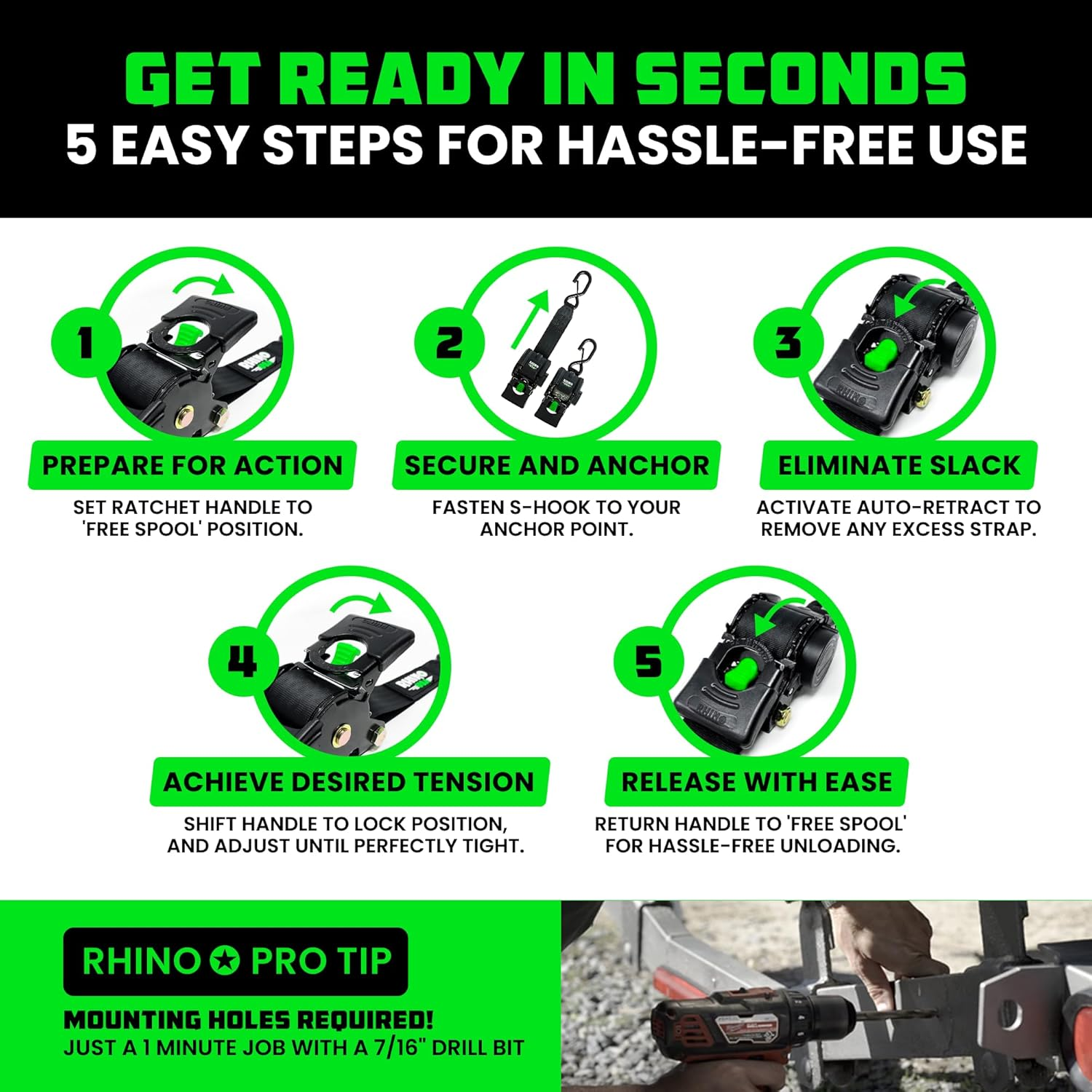 Rhino USA Retractable Boat Trailer Tie down Straps 2PK &ndash; Durable (2In X 43In) Trailer Mount Transom Straps for Boat, Jet Ski &ndash; Stainless Steel &ndash; Salt Water Compatible image number 4