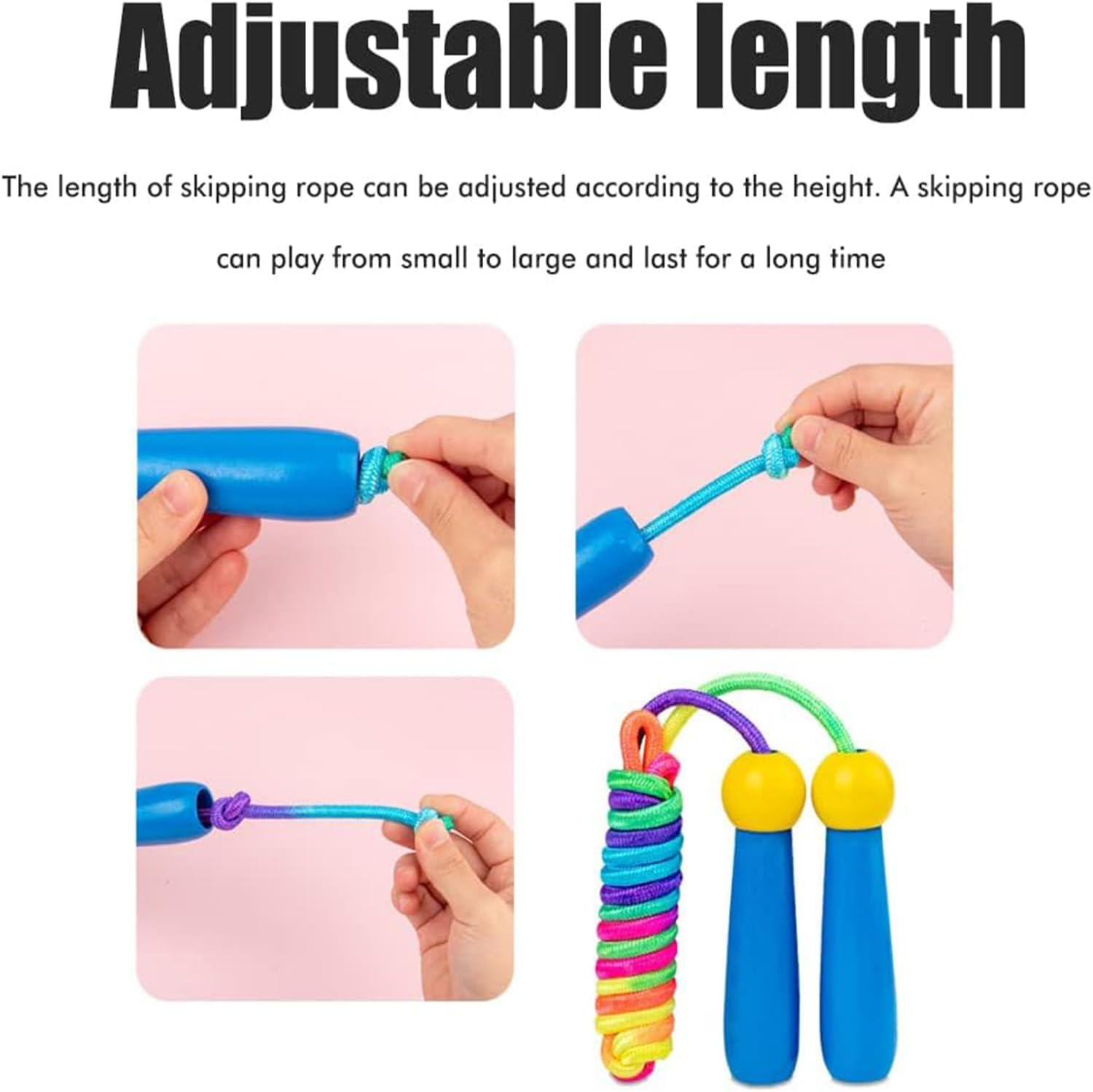 Tjhypenete 2 Pcs Jump Rope for Kids, Rainbow Skipping Rope, Adjustable Length Jumping Rope with Wooden Handle, Cotton Rope for Gymnastics, Training, Exercise, Workout, Weight Loss, Outdoor Activity image number 4