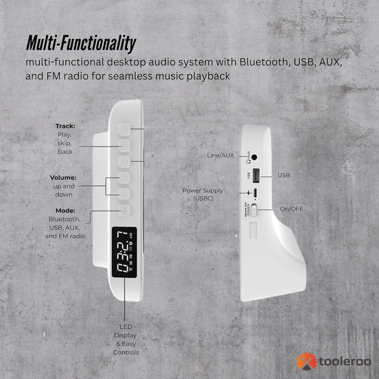 Tooleroo USB Rechargeable Desktop CD Player Speaker &ndash; Bluetooth Portable White image number 4