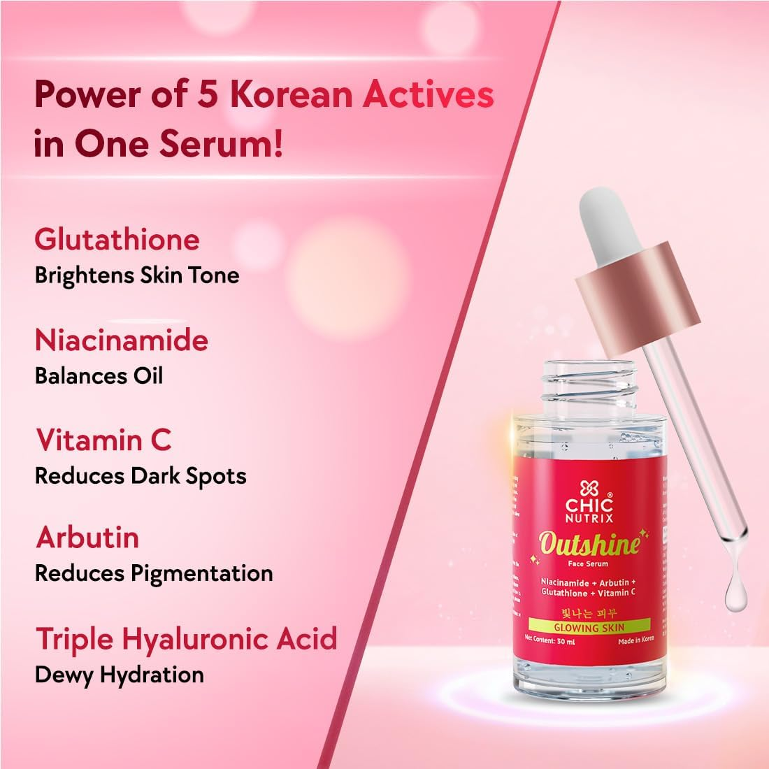 Chicnutrix Outshine &ndash; with Korean 2% Niacinamide + Glutathione + Vitamin C | Helps Brighten Dull Skin, Clears Dark Spots, Blemishes, Acne Marks & Pigmentation | Korean Glass Skin Serum