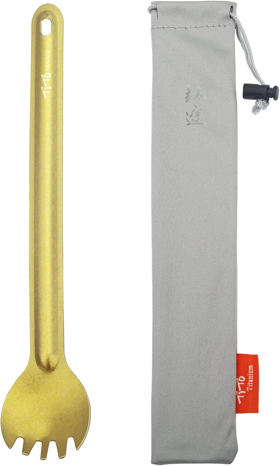 Tito Titanium Spork Long Handle Outdoor Travel Spoon Fork Portable Flatware Camping Fork Spoon Sports Backpacking Titanium Spoon (Bright-Titanium-1)