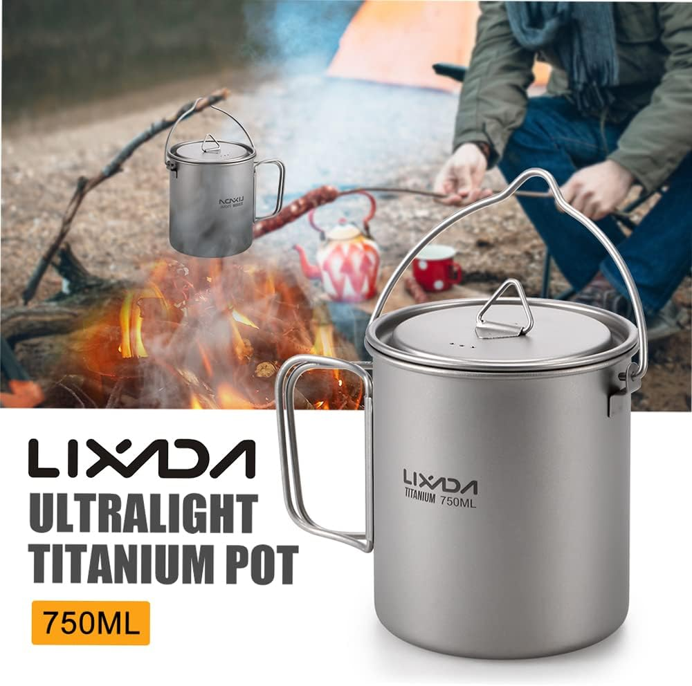 Light 750Ml Titanium Pot Portable Titanium Water Mug Cup with Lid and Foldable Handle Outdoor Camping Cooking Picnic image number 2